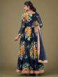 Stunning Navy Blue Floral Printed Georgette Gown With Dupatta