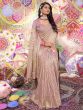 Astounding Peach Zarkan Work Satin Sangeet Wear Saree With Blouse
