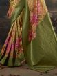 Amusing Green & Cream Floral Printed Silk Saree With Blouse
