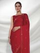 Beauteous Red Stone Work Satin Sangeet Wear Saree With Blouse