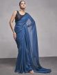 Magnetic Teal Blue Chiffon Events Wear Plain Saree With Blouse