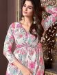 Glamorous Off-White & Pink Floral Printed Rayon Salwar Kameez