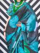 Lovely Black And Blue Digital Printed Satin Party Wear Saree With Blouse