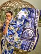 Stunning White & Blue Digital Printed Satin Saree With Blouse