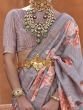 Beautiful Grey Floral Printed Silk Party Wear Saree With Blouse