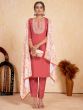 Great Coral Red Embroidered Silk Readymade Pant Suit With Dupatta