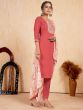 Great Coral Red Embroidered Silk Readymade Pant Suit With Dupatta
