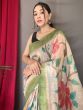 Fancified Off-White And Green Digital Printed Silk Saree With Blouse
