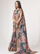 Beautiful Dove Blue Floral Print Organza Party Wear Saree With Blouse