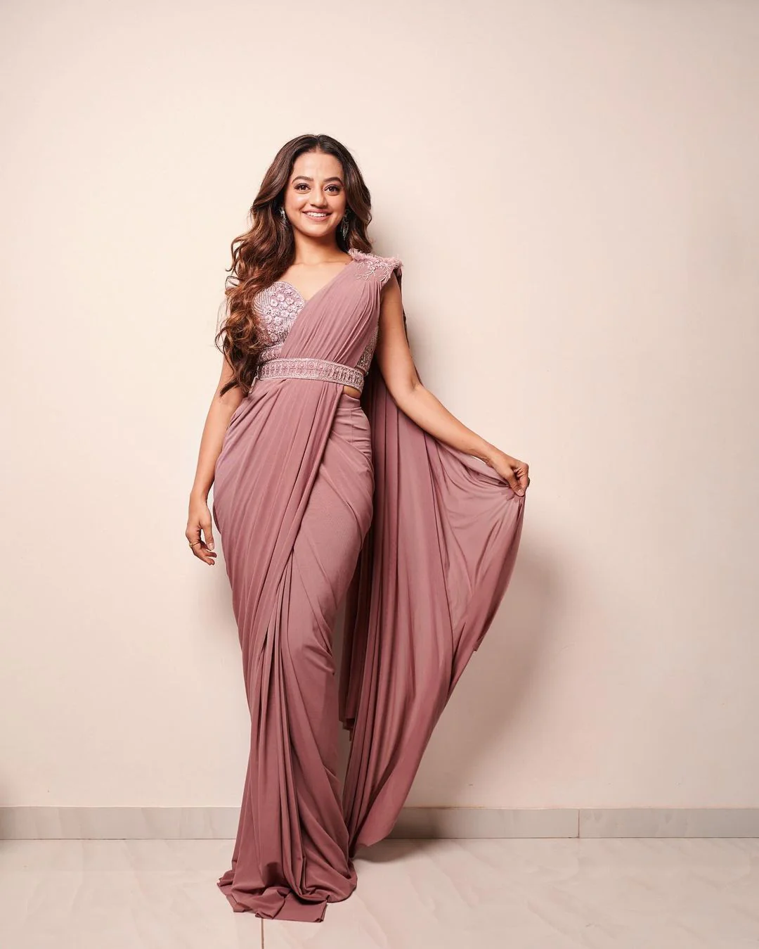 Seema Thukral | Dusty Pink Draped Saree Gown | INDIASPOPUP.COM